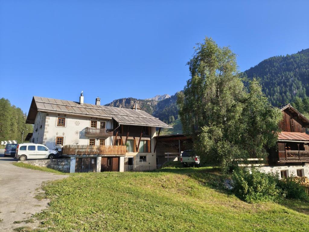 a house on a hill with a tree in front of it at Ferienwohnung - schof in Tschierv