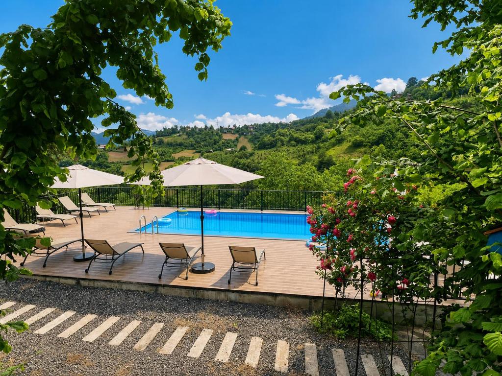 a swimming pool with chairs and umbrellas at GreenWood Cottages Merisi in Merisi