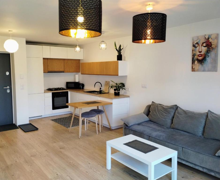 a living room with a couch and a table at Studio Park Śląski m.10 Katowice/Chorzów in Chorzów