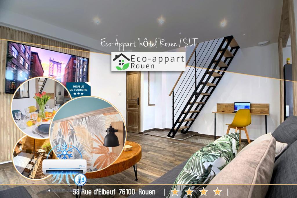a room with a couch and a table and a staircase at Eco-Appart'hôtel Rouen - SLT in Rouen