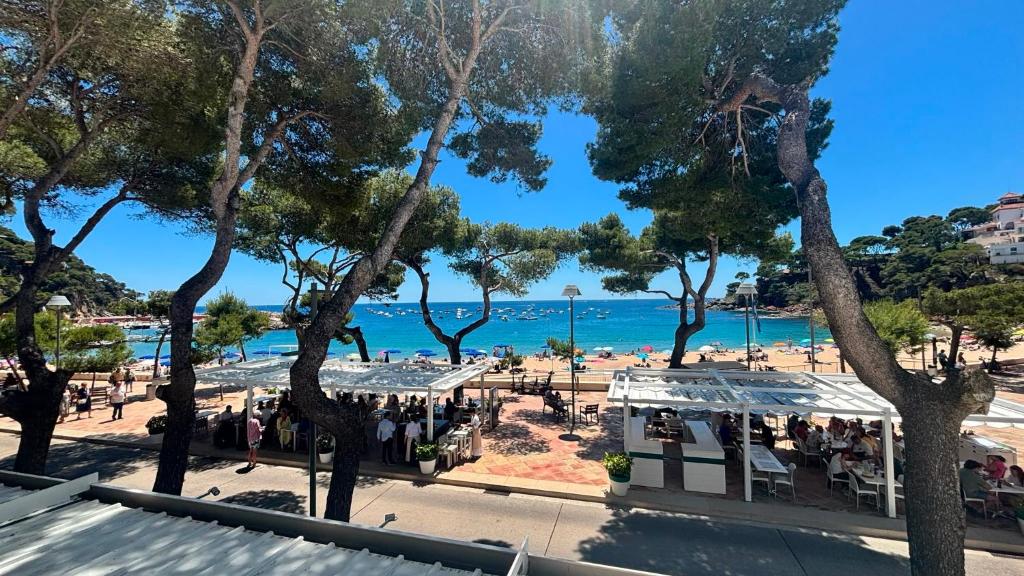 a group of people standing around a beach with trees at Hotel Terramar in Llafranc