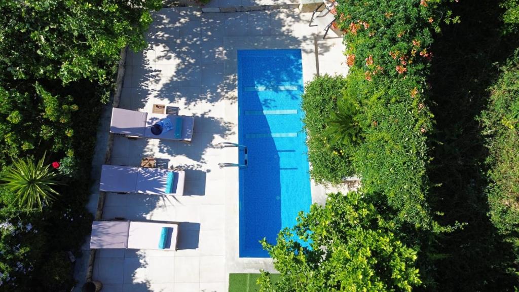 an overhead view of a swimming pool with trees at Villa Anthemida Chania in Ayiá