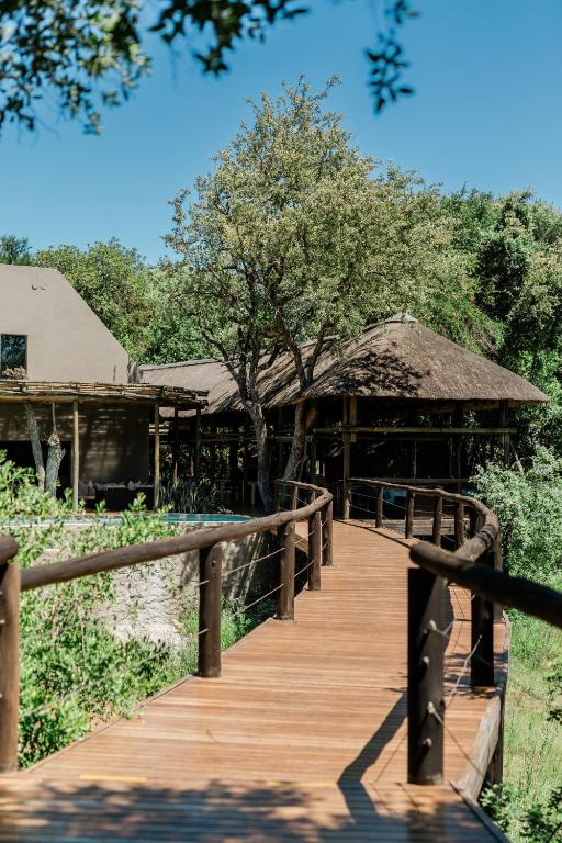 a wooden boardwalk leading to a building with a tree at Moditlo River Lodge in Hoedspruit