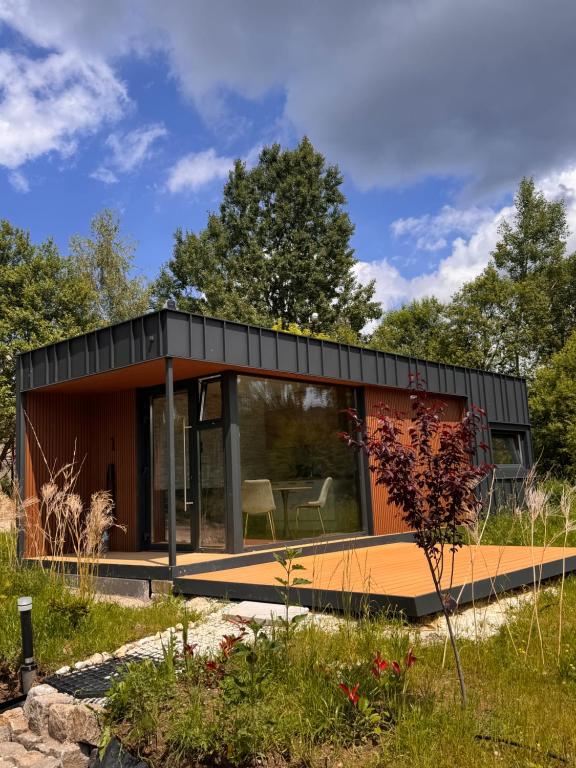 a modern house with a black roof at Wiatrowe Domki in Lądek-Zdrój