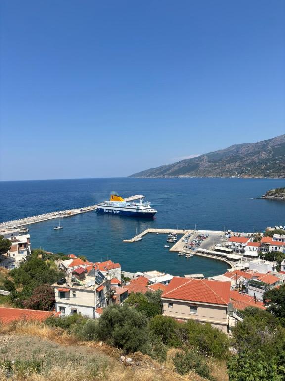 a cruise ship docked in a small harbor at Stergios Apartment Evdilos Ikaria in Evdilos