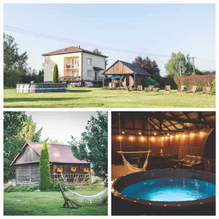 a collage of pictures of a house and a pool at Na Końcu Świata-Willa 1 in Wilków