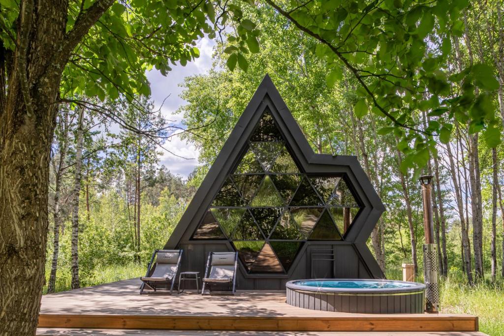 a house in the woods with two chairs and a pool at Mandra Petrichor in Zabuyanʼye