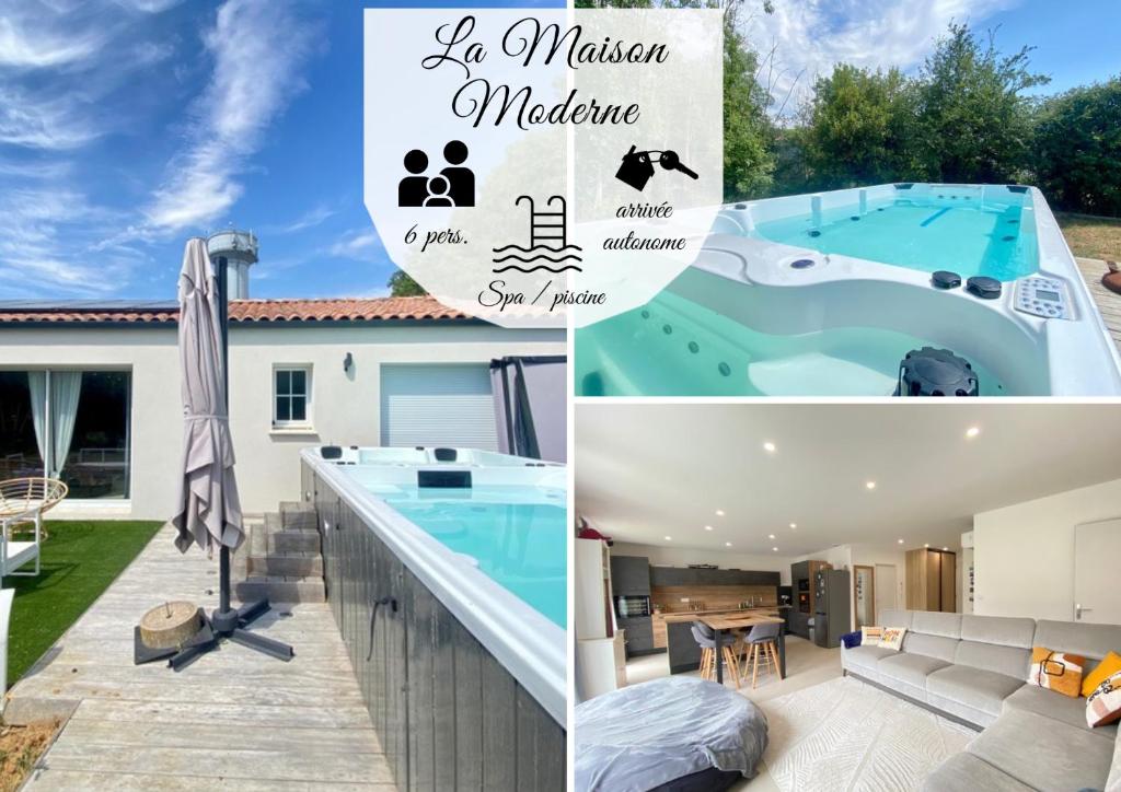 a collage of pictures of a house with a swimming pool at La Maison Moderne - 6 pers - SPA - Piscine in Saint-Sauveur-dʼAunis