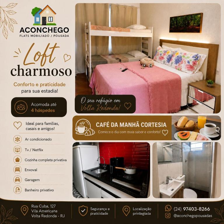 a poster of a room with a bed and a kitchen at Loft Moderno 1 in Volta Redonda