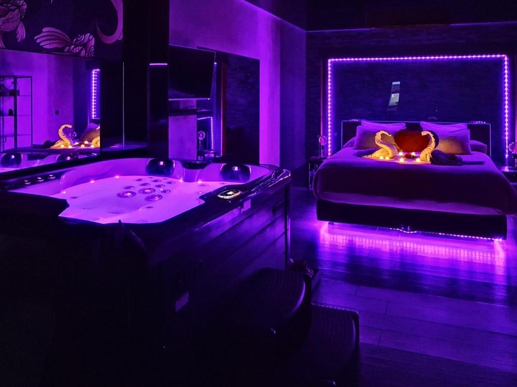 a purple room with a bed and a bath tub at Suite avec Jacuzzi - Clim - Terrasse - Wi-Fi in Agde
