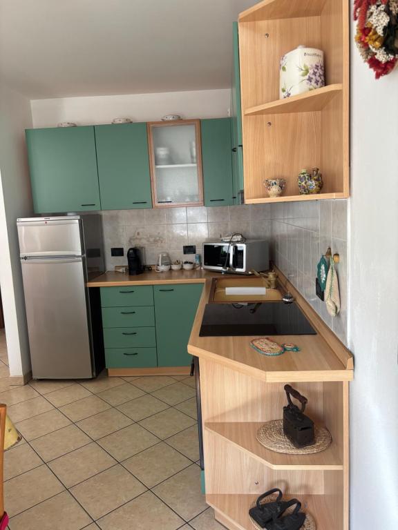 a kitchen with green cabinets and a white refrigerator at Casa Ilaria in Campolongo