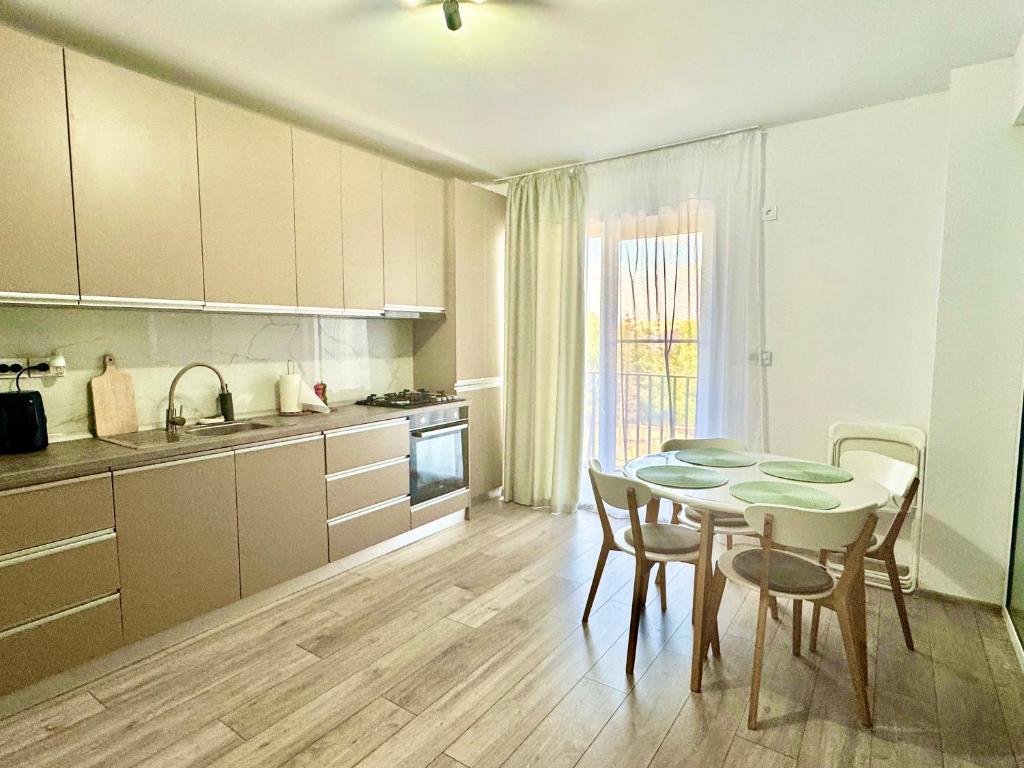a kitchen with a table and chairs in a kitchen at Servio apart in Otopeni
