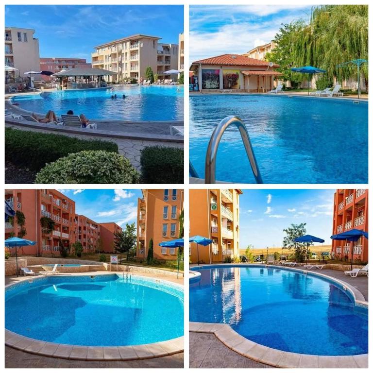 a collage of four pictures of a swimming pool at Апартамент ШАХОВ in Tŭnkovo