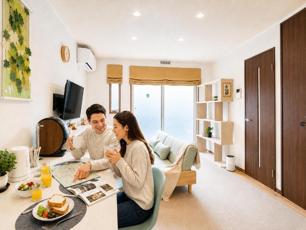 a man and woman sitting at a table in a living room at Vieuno Hida Takayama 5-Min Walk to Station, Cozy Local Stay in Takayama