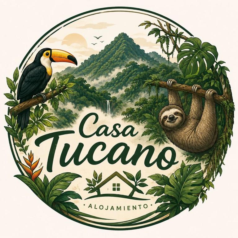 a sign that reads casa tucana with a sloth and a mountain at Cabañas Casa Tucano in San Ramón
