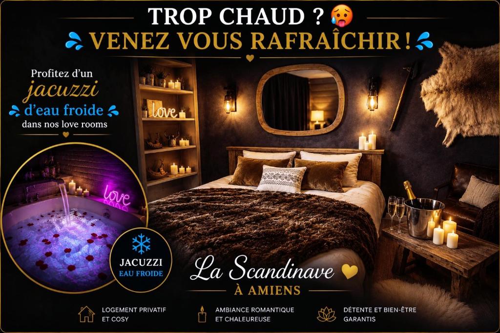 a poster of a bedroom with a bed and a tub at L'Evasion Scandinave, SPA XXL, Écran cinéma, Lit king size, day use, 10 min centre in Amiens