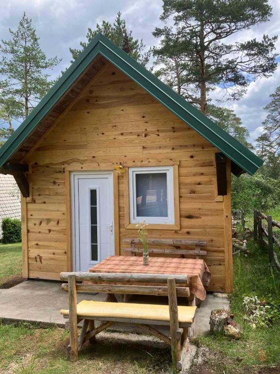 a log cabin with a picnic table in front of it at Stevanova brvnara in Zlatibor