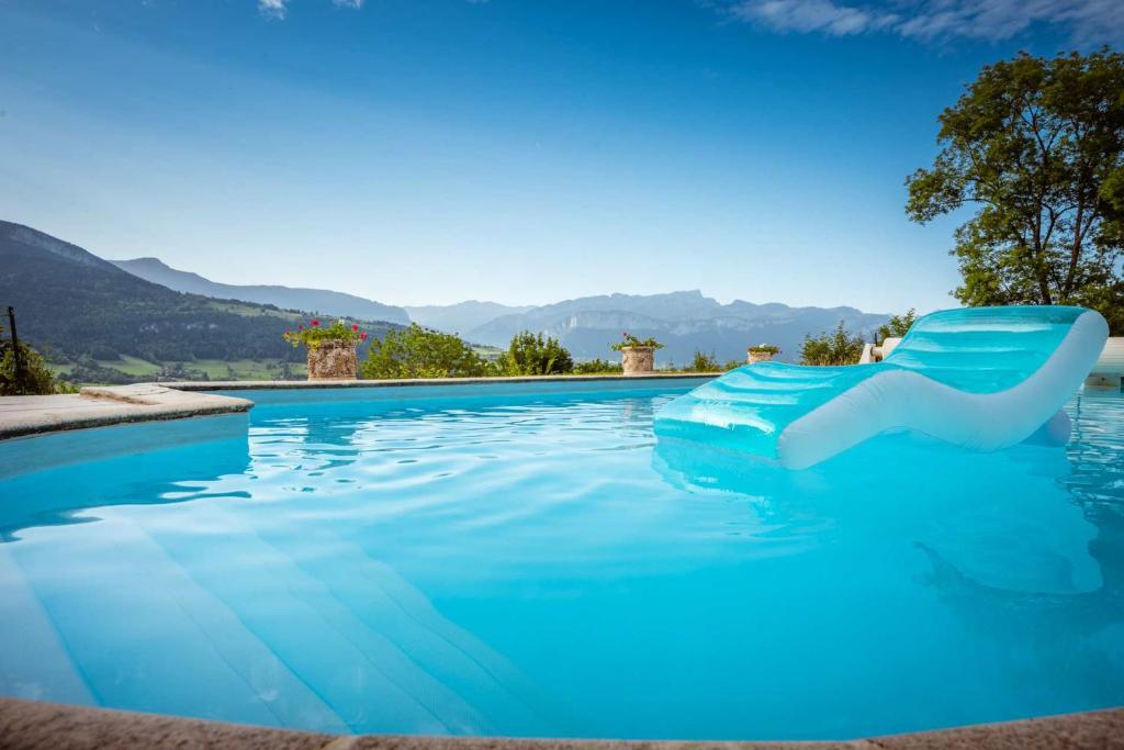 a swimming pool with a slide in the water at La Colline aux Rêves - Chambres d'hôtes in Saint-Franc