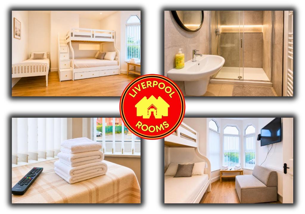 a collage of four pictures of a room at Kop View Rooms in Liverpool