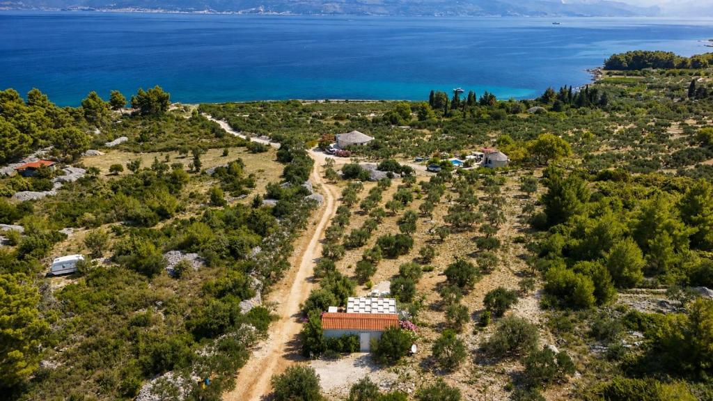 an aerial view of a farm with the ocean in the background at Olive Garden Home with Jacuzzi and Privacy in Mirce