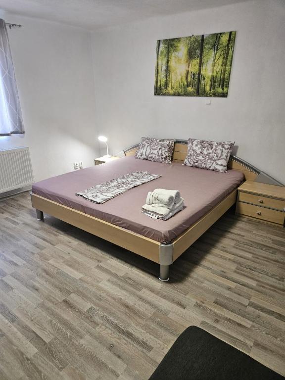 a large bed in a room with a wooden floor at Seventeen -Apartament la casa in Arad