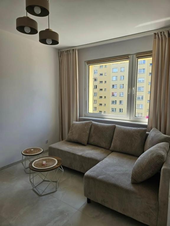 a living room with a couch and a large window at Brzęczki Apart 2 in Mysłowice