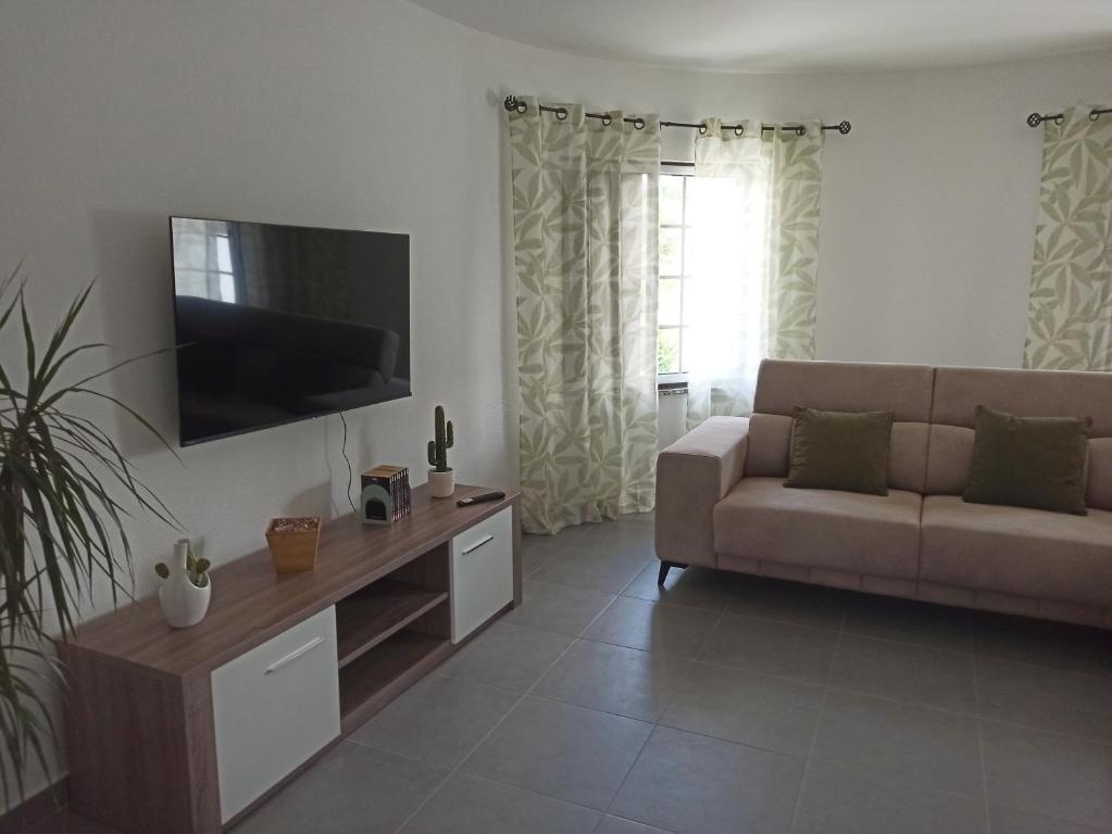 a living room with a couch and a flat screen tv at Casa 56 in Sardoal
