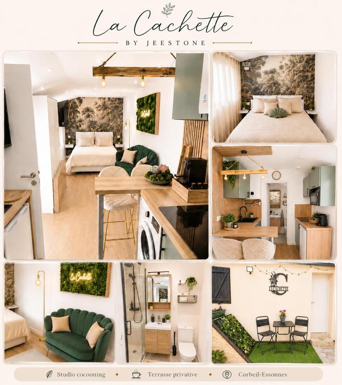 a collage of photos of a living room and a bedroom at La Cachette - Studio Nature - Terrasse Privée in Corbeil-Essonnes