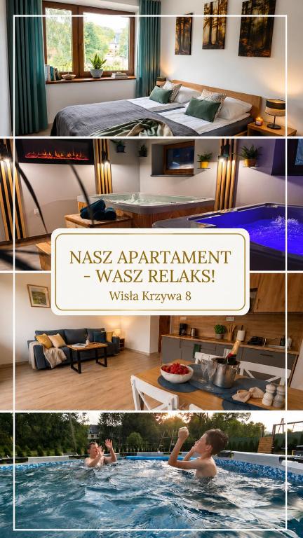 a collage of photos of a hotel room with a swimming pool at Apartamenty Wisła Krzywa 8, wanna z hydromasażem, basen zewnętrzny in Wisła