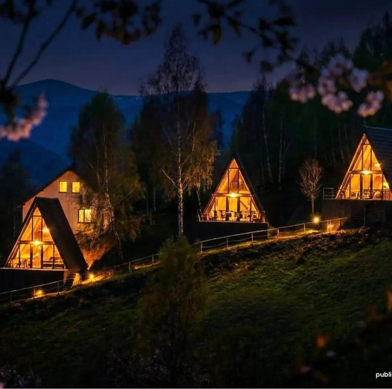 a house on a hill lit up at night at A-frame Muchia Scortii in Şimon