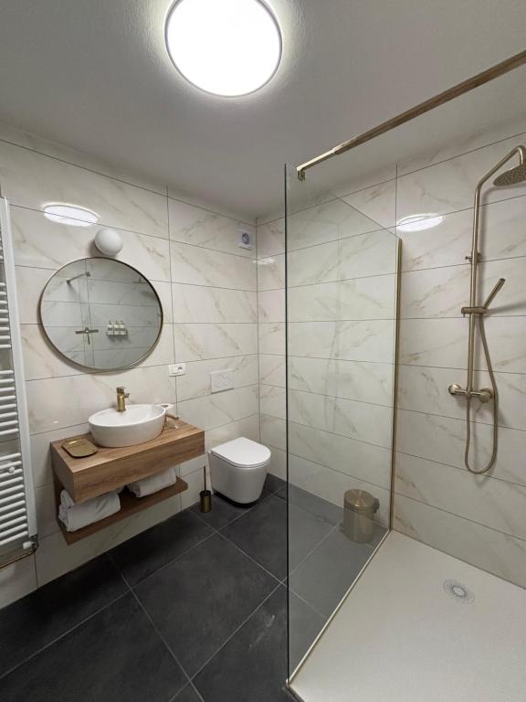 a bathroom with a sink and a mirror and a shower at Prenočišče Henrik in Dolenjske Toplice