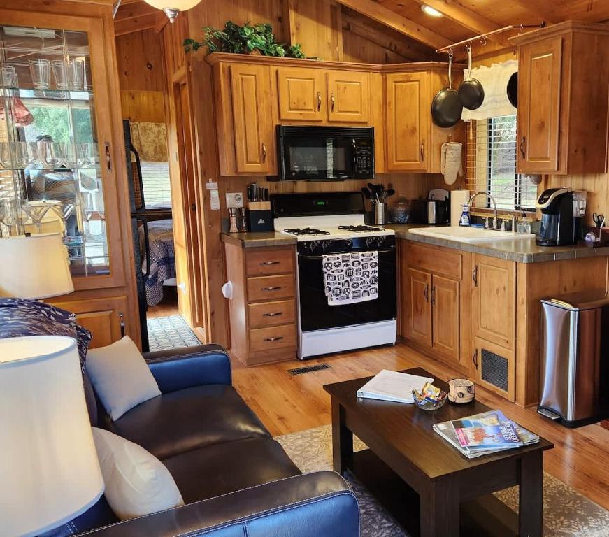 a kitchen with wooden cabinets and a stove top oven at The Couple's Cabin in Wynola 2 NIGHT MINIMUM in Julian