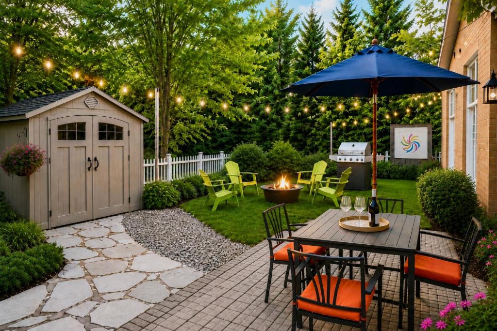 a patio with a table and an umbrella and a shed at Downtown Picton Retreat - Near Sandbanks and Wineries in Picton