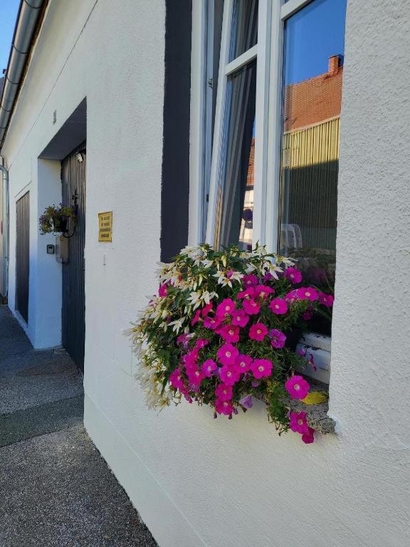 a window box with pink flowers on the side of a building at Holiday Home up to 7 Guests in Fürstenfeld
