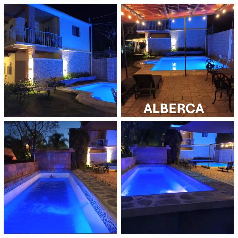four pictures of a swimming pool at night at Casa Tepehucan in Malinalco