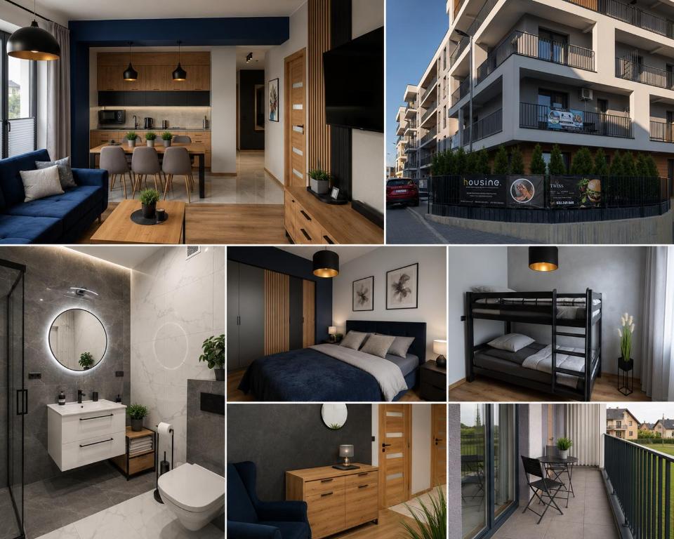 a collage of photos of a bedroom and a apartment at Apartament Komfort 17 in Zator