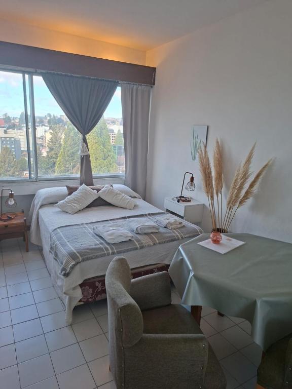 a bedroom with a bed and a chair and a window at Bariloche del Sur in San Carlos de Bariloche