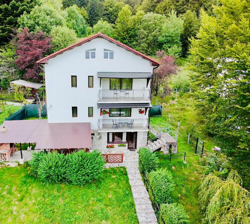 an aerial view of a white house at Vila Iepurasul Sinaia in Sinaia