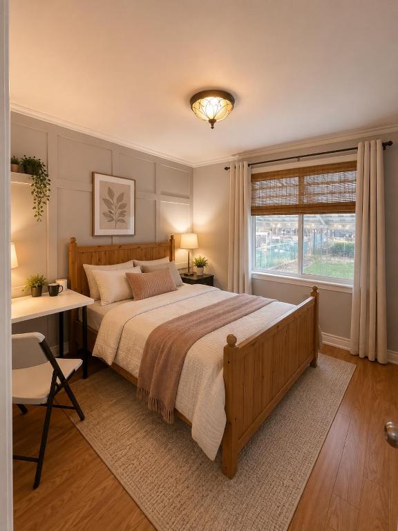 a bedroom with a large bed and a window at Glaive Home in Toronto