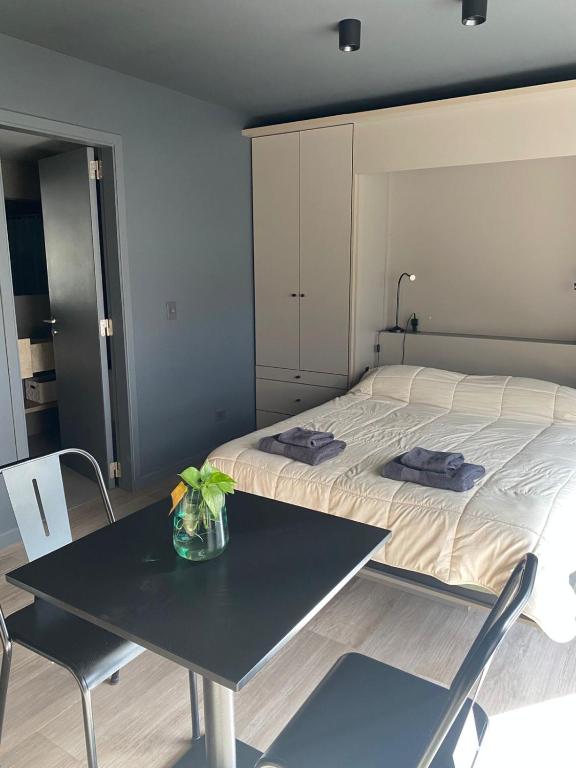a bedroom with a bed and a table and chairs at Edificio Pantera - monoambiente 18 in San Martín de los Andes