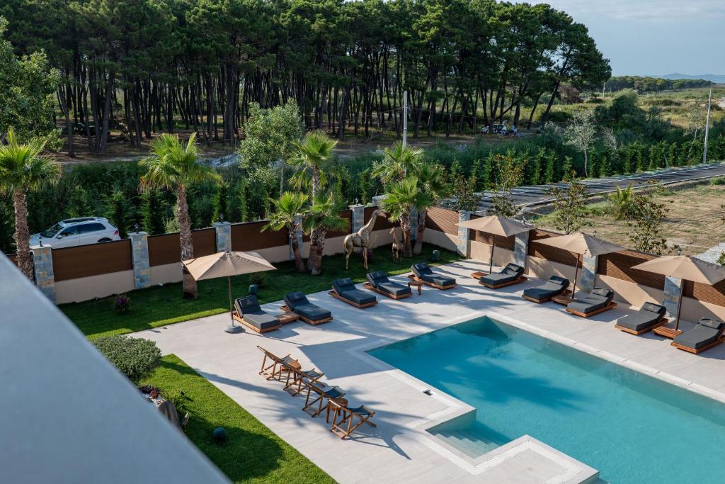 an overhead view of a pool with chairs and umbrellas at HH Point Luxury Villas in Durrës