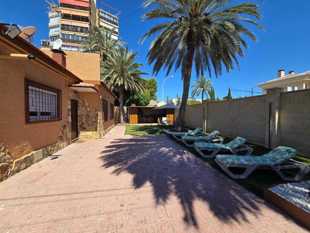 a group of chaise lounges and a palm tree at Villa Flores in Alicante