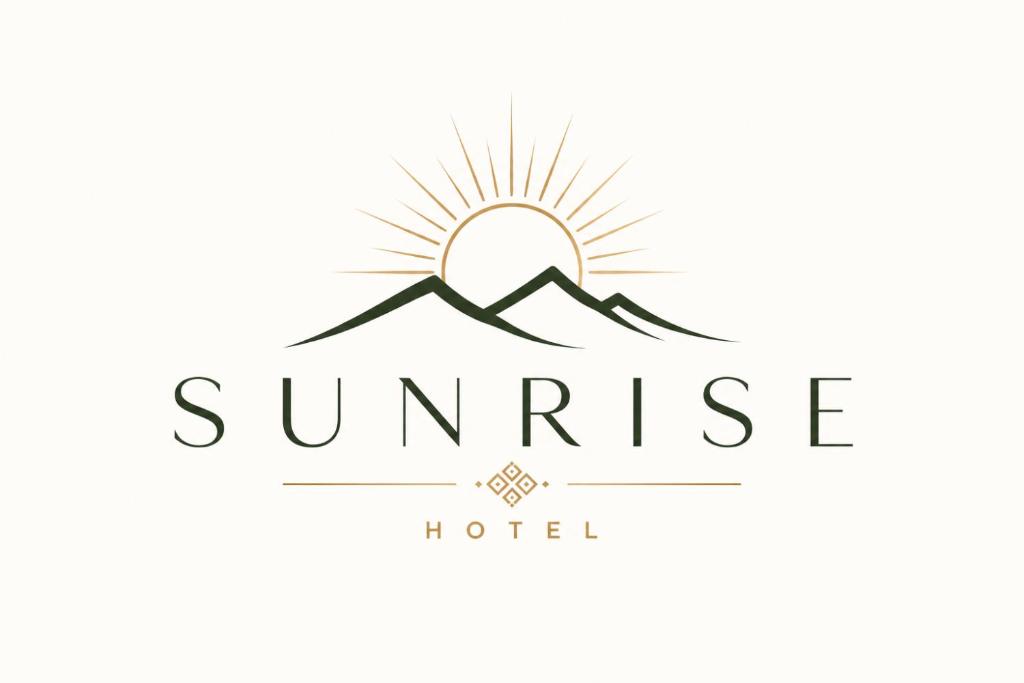 a sunrise hotel logo with mountains and the sun at Sunrise Apartments in Dushanbe
