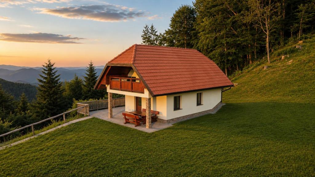 a small house on the side of a hill at Mohoričeva domačija in Idrija