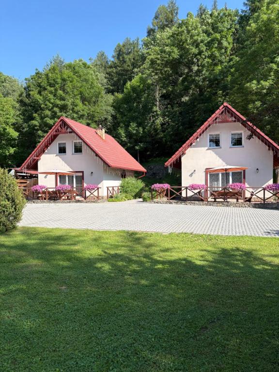 a house with a red roof and a driveway at Domki Pod Jesionami in Stronie Śląskie