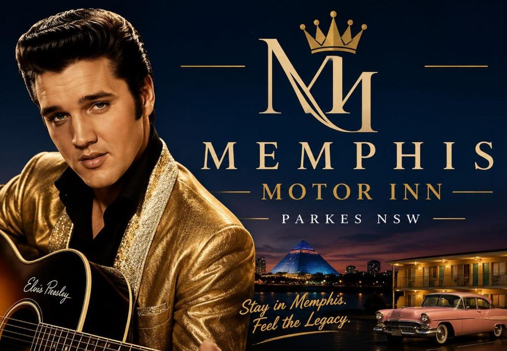 a poster for a movie with a man playing a guitar at Memphis Motor Inn- UNDER NEW MANAGEMENT in Parkes