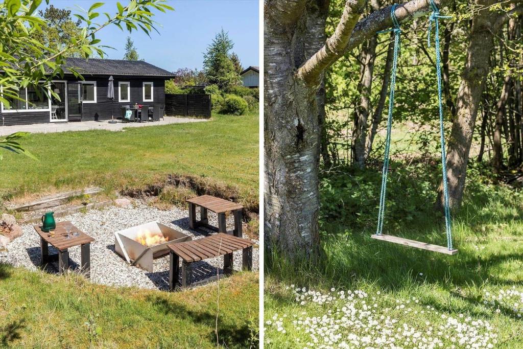 two pictures of a yard with a swing and a picnic table at 8804-Glesborg-Vesttoften-20 in Glesborg