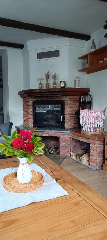 a living room with a fireplace and a vase with flowers at Chalupa Krbálka in Jeseník
