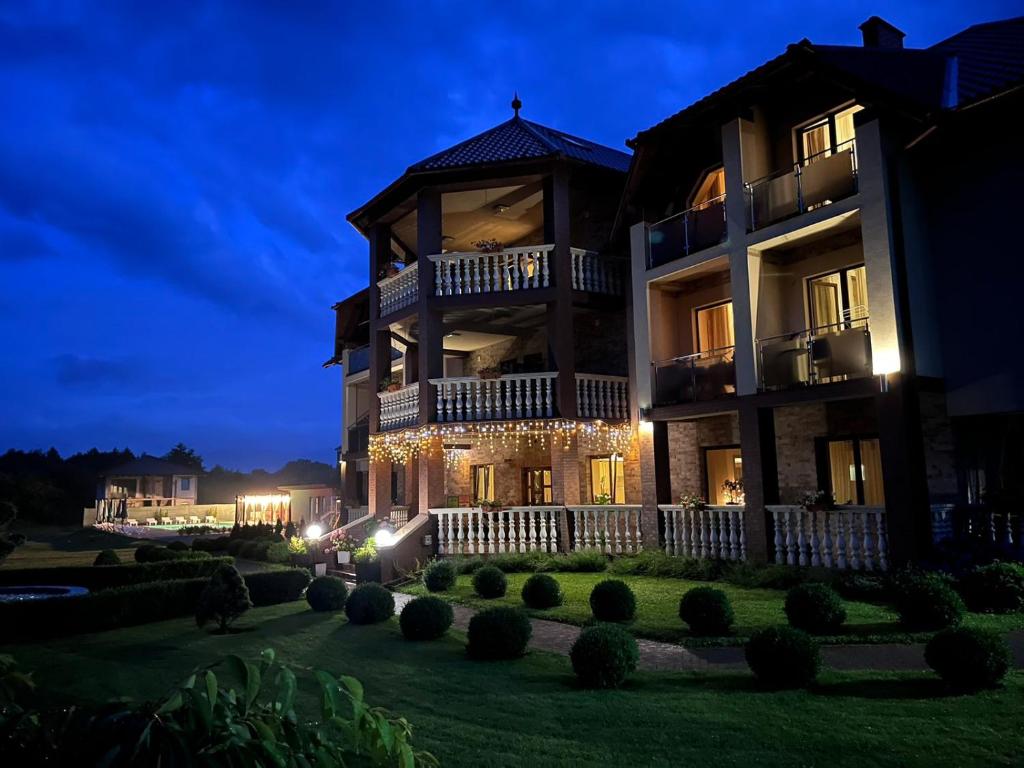 a large house at night with lights at Приватна садиба Європа in Solochyn