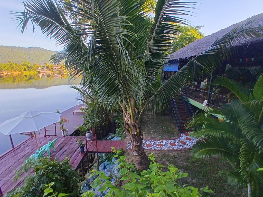 a palm tree in front of a house next to a lake at Green Mango Bungalows in Kampot